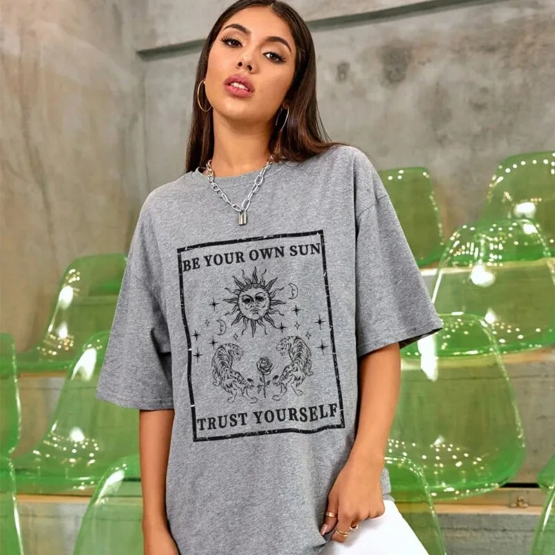 

Short Sleeve Cotton T Shirt Be Your Own Sun Trust Yourslef Funny Tiger Printed T Shirt O-Neck Street Wears