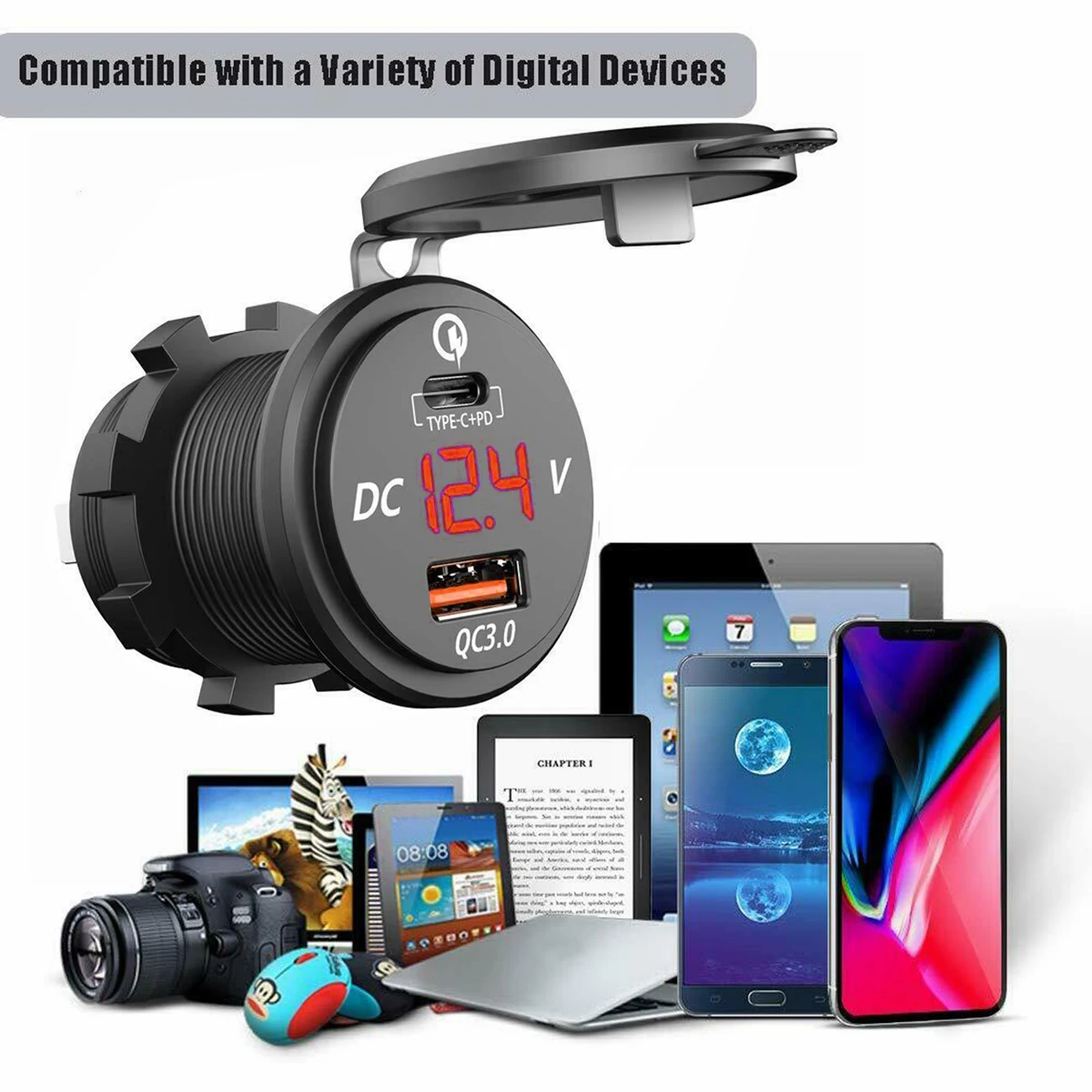 PD QC3.0 Dual USB Зарядное устройство гнездо адаптера с светодиодный вольтметр