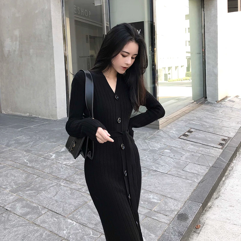 

New Elegant Fashion Autumn Winter Knit Dress Women's Retro Slim Mid-length Base Sweater Dress