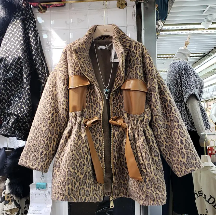 Европейская Новинка Зима 2019 кожаное пальто с леопардовым узором карманами из