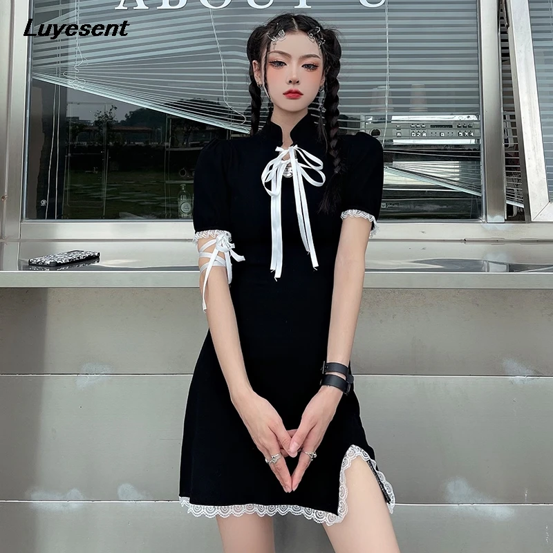 

Chinese Style Empire Black Gtohic Lady Dress Crop Strand Neck Elegant Short Sleeve Cheongsam Lace Dresses Lace-up Ribbon Clothes