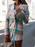 fashion pink plaid and striped blazer office lady lapel double breasted business commute blazers spring autumn elegant chic coat