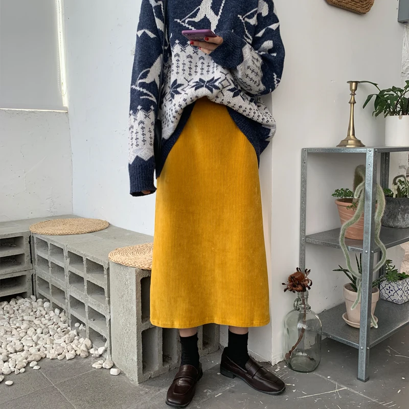 Женская однотонная длинная юбка Alien Kitty Корейская винтажная Вельветовая Офисная