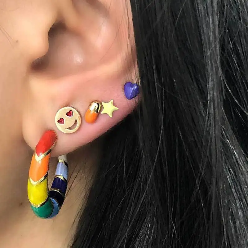

Colorful Round Earings Funny Smile Cute Heart Star Earring Set for Women Metal Small Ear Studs