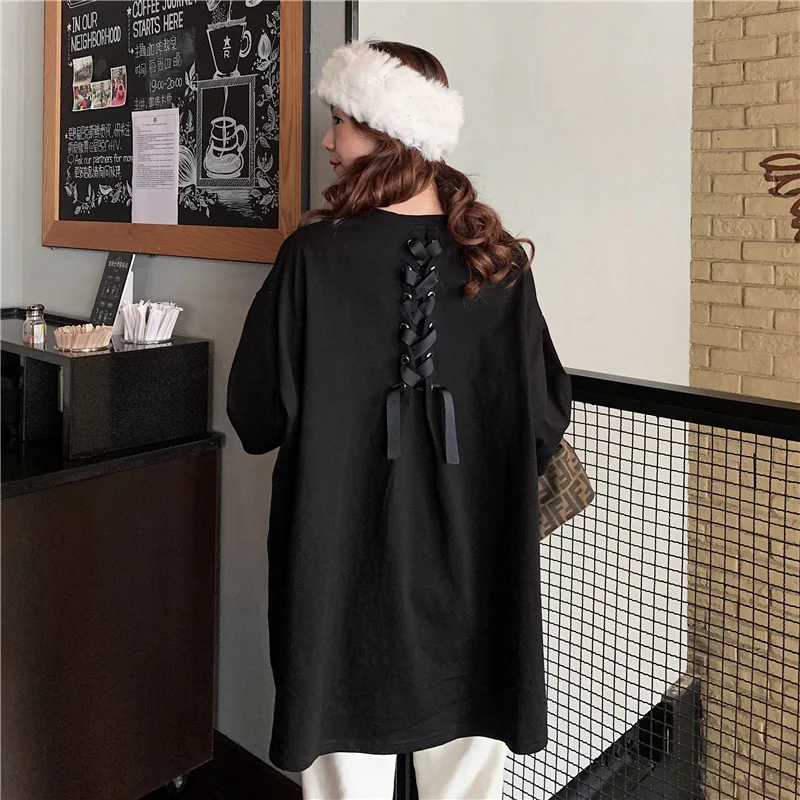 

Women Oversized Back Lace Up T-shirt 2021 Spring Summer New Korean Style Solid Loose Half Sleeve Medium Length Tops Casual Tees