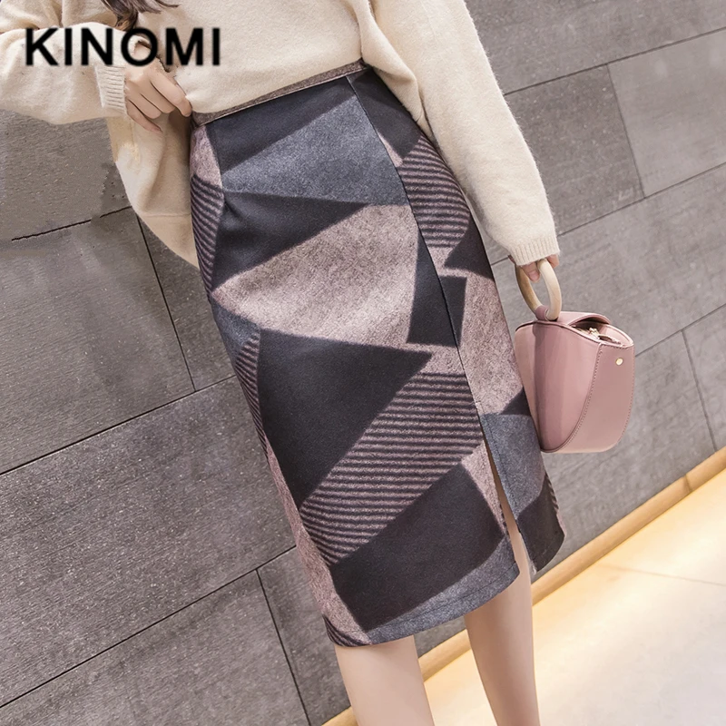 KINOMI осень зима женские шерстяные Лоскутные миди юбки с высокой талией винтажные