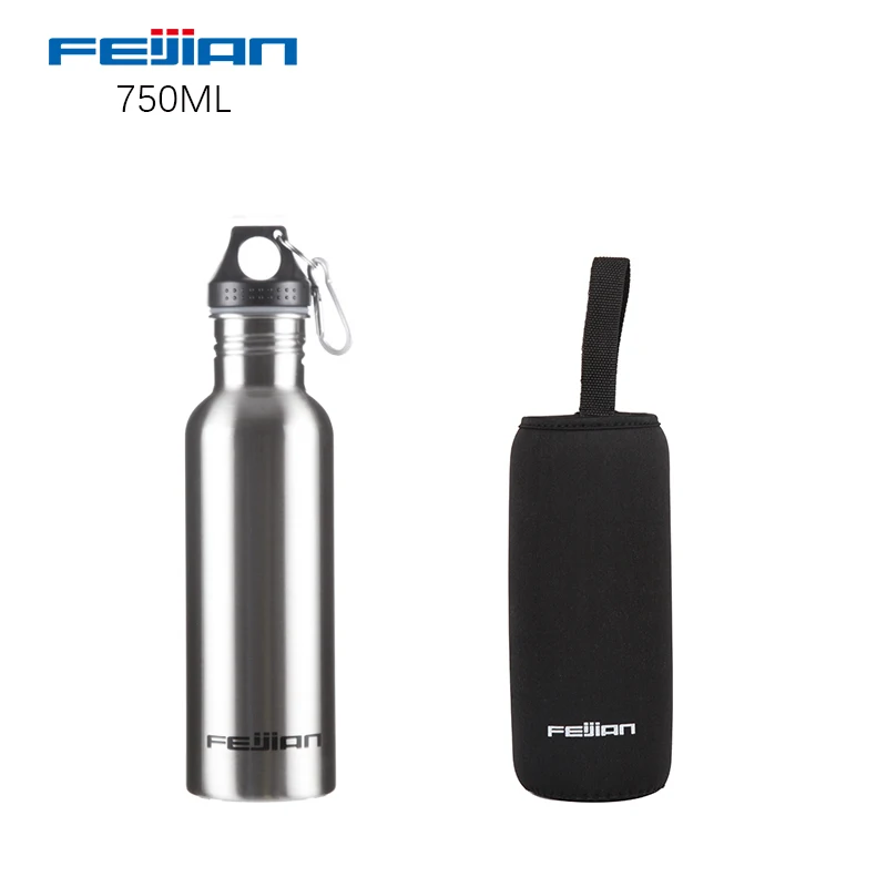 750ml with sleeve Feijian, Спортивная бутылка для воды из нержавеющей стали, большая емкость, портативная, с широким горлышком, на открытом воздухе, для путешествий, цикла, чайник, фляга, походный шейкер - Цвет: 750ml with sleeve