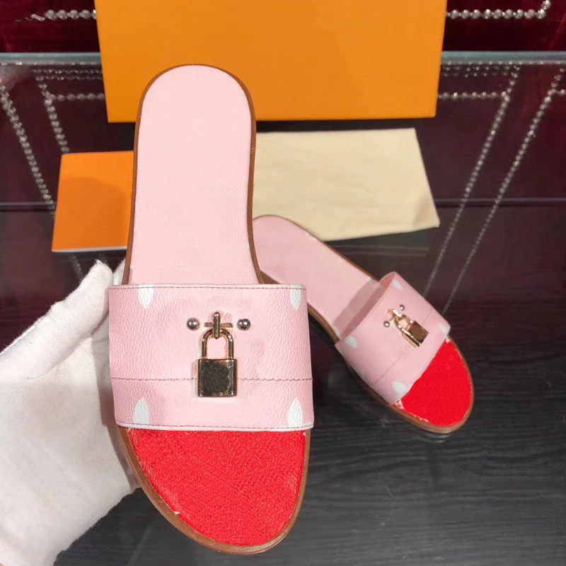 

Luxury Brand Print Low Heel Slippers Color Matching Shoes Open Toe Female Slides Metal Women Decoration Mules 2021 Summer