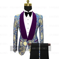 2021 classic purple suits men printed flower velvet slim fit formal business dinner wedding tailor masuit blazer with pants set