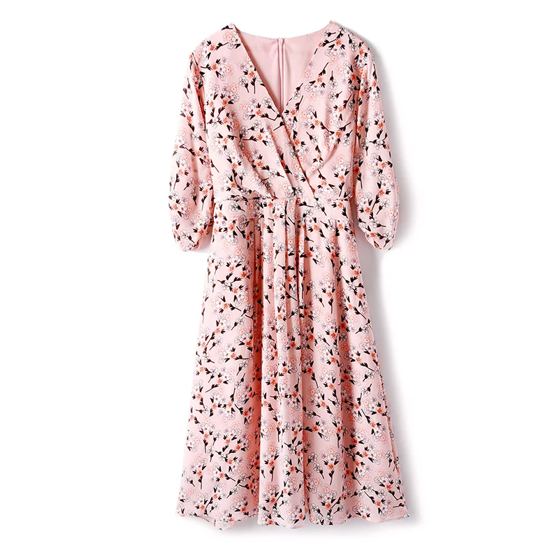 100% Real Silk Dress Pleated Floral Printed V Neck Half Sleeve A-line Casual Style New Fashion Summer 2019 | Женская одежда
