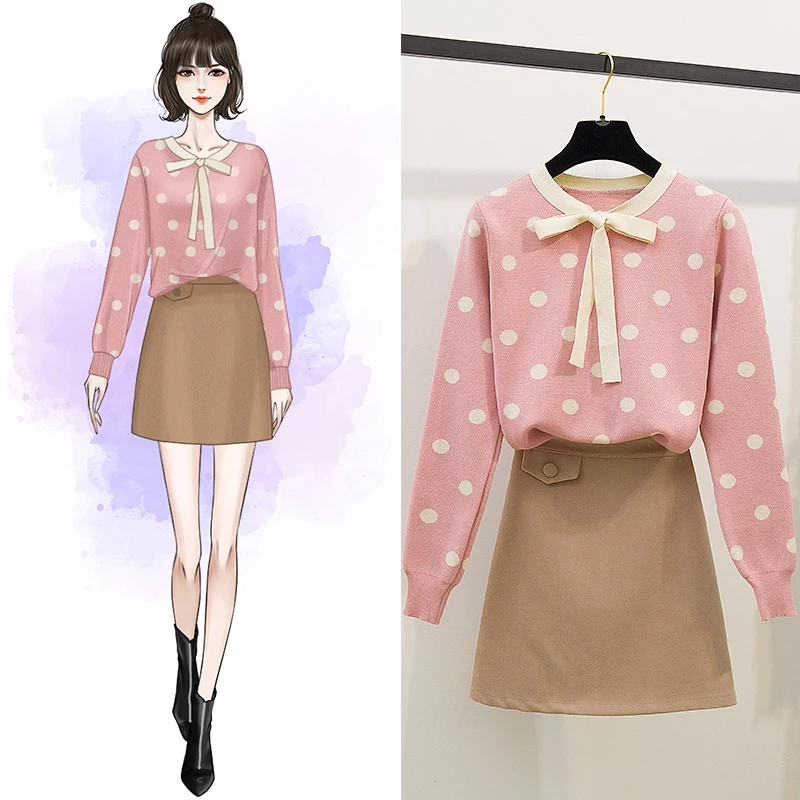 

New Winter Good Quality Bow Sweater Korean Fashion Woolen Skirt Outfit Women 2 Pcs Clothing Set Knitwear Polka Dot Top Girl