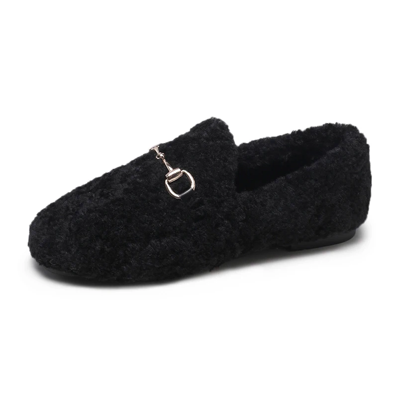 Chaussures femme; женская плюшевая обувь; женские лоферы без шнуровки; женская теплая обувь на плоской подошве; Zapatos De Mujer Buty Damskie; сезон зима - Цвет: Черный