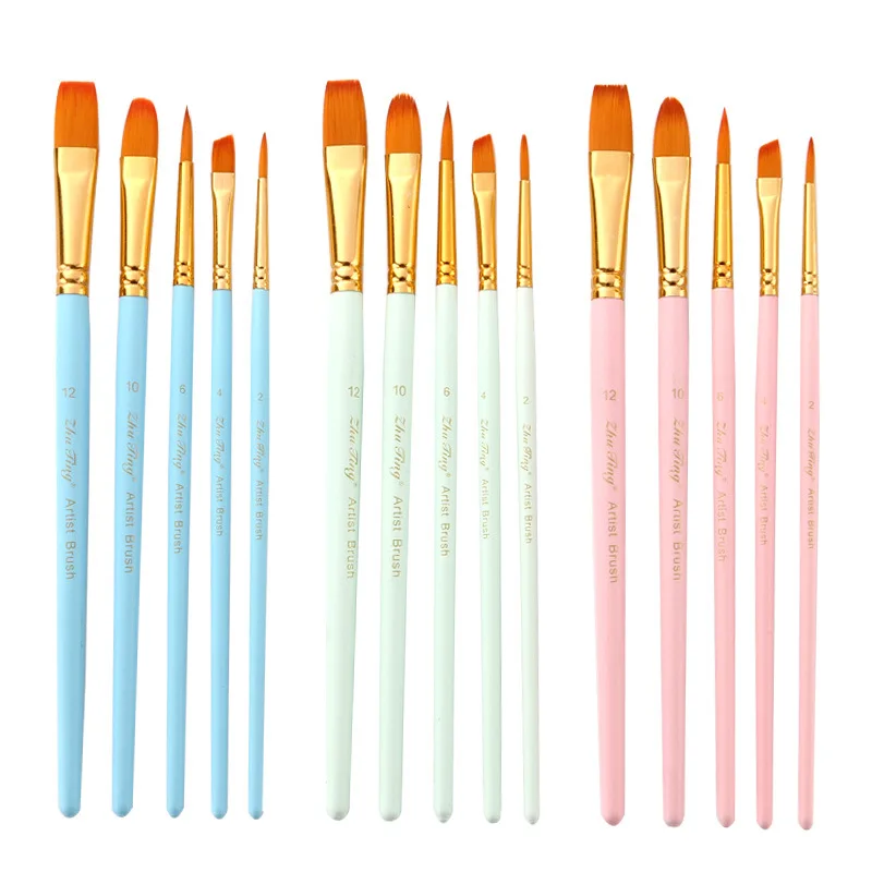 

5Pcs Three Colors Artist Paint Brush Set Nylon Hair Wood Handle for Watercolor Acrylic Oil Gouache Painting Drawing Art Supplier