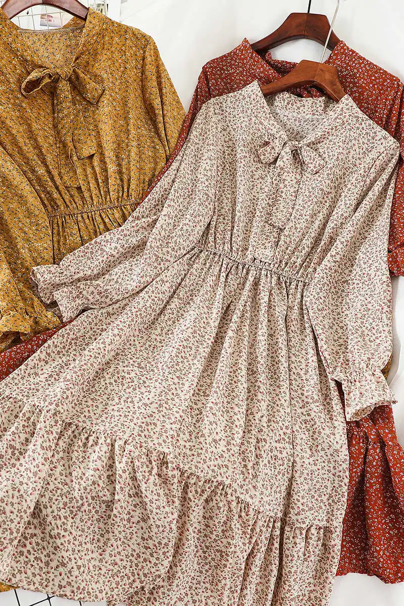 

M026 Korean 2019 underage student small floral loose and thin collar bow waist mid length dress