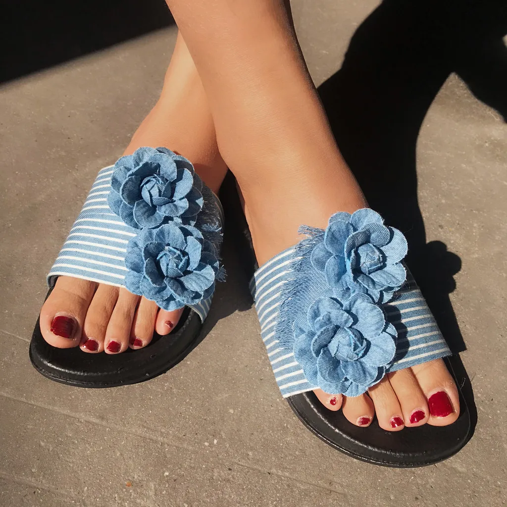 SAGACE 2020 Women Summer Flat Flowers Beach Slippers Female Denim Slides Ladies Slipper Shoes Fashion Woman Leisure Footwear | Обувь