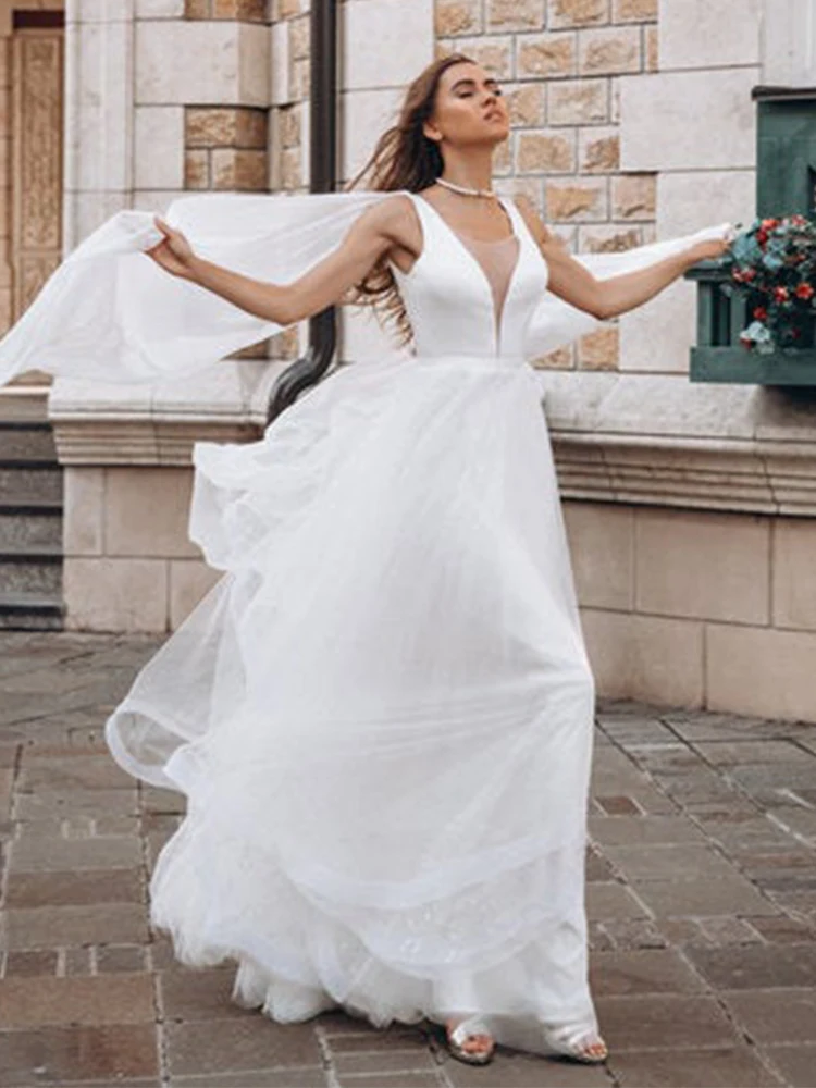 Сексуальное атласное свадебное платье Booma из фатина с блестками и глубоким v