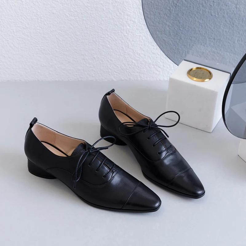 women pumps Natural leather 22-24.5cm Colorblock English Leather Shoes Inside and outside full womens shoes pointed toe | Обувь