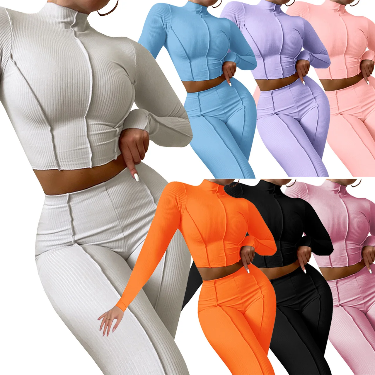 

2021 Autumn Women Casual Solid Outfits Turtleneck Lady Long Sleeves Women Patchwork Cropped Top Legging Pants Sets