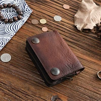 leacool vintage handmade genuine leather wallet for men short bifold zipper wallets card purse with coin pocket