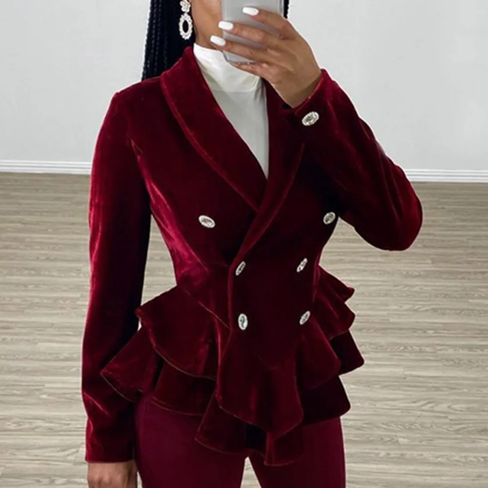 Winter Vintage Red Velvet Women Jackets Elegant Office Ladies Peplum Ruffle Long Sleeve Slim Tailored Coat Female 2019 | Женская одежда