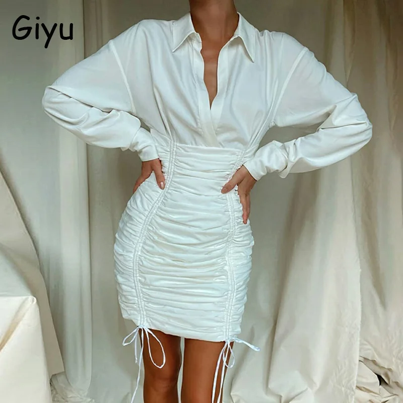 

Повседневное женское платье с рюшами Giyu, сексуальное боди с V-образным вырезом, кружевные мини-платья, элегантная Клубная вечерние няя рубаш...