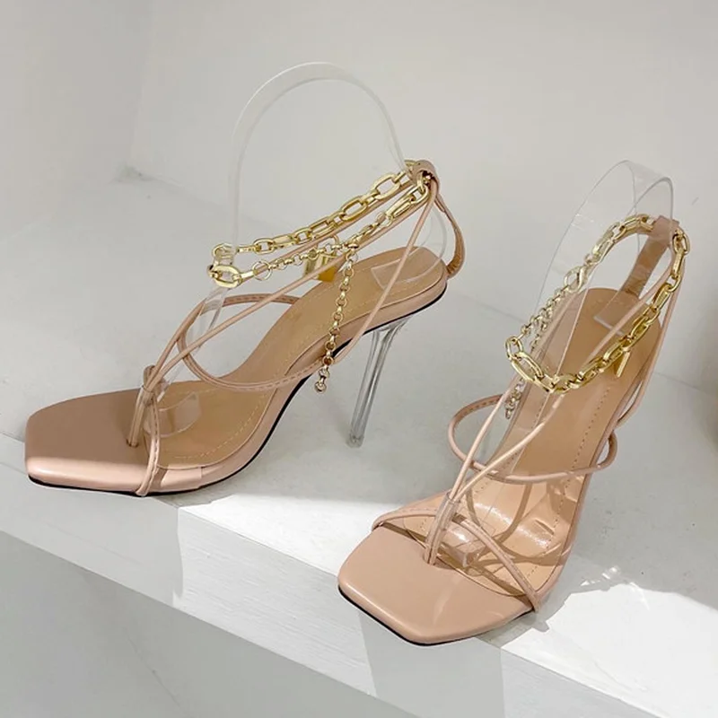 

Women Sanals Summer Fashion Clip Toe Transparent Crystal Stiletto Heels Ankle Chain Shoes Female Open Toe Shoes CWF