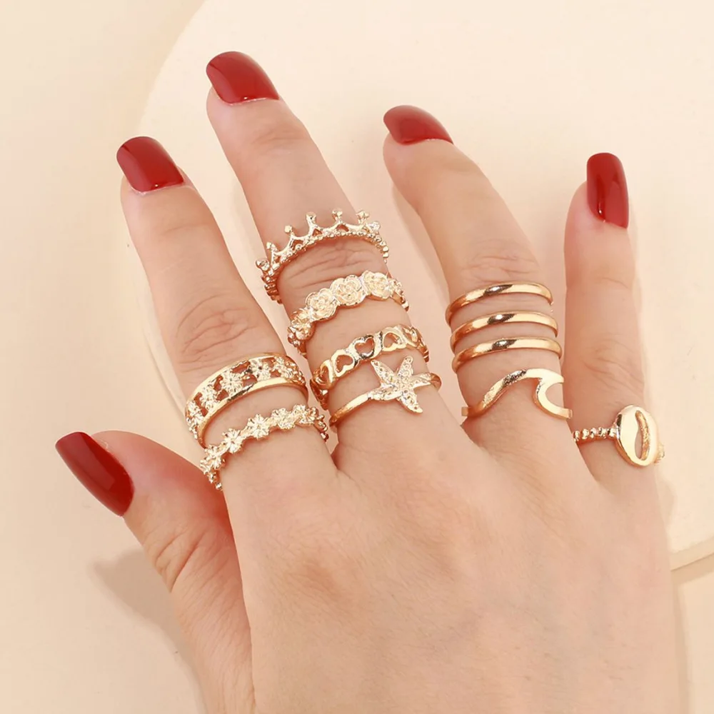 

11 pc/set Fashion Joint Rings Sets for Women Boho Starfish Wavy Shell Crown Love Knuckle Party Rings Punk Jewelry Gift AM3091