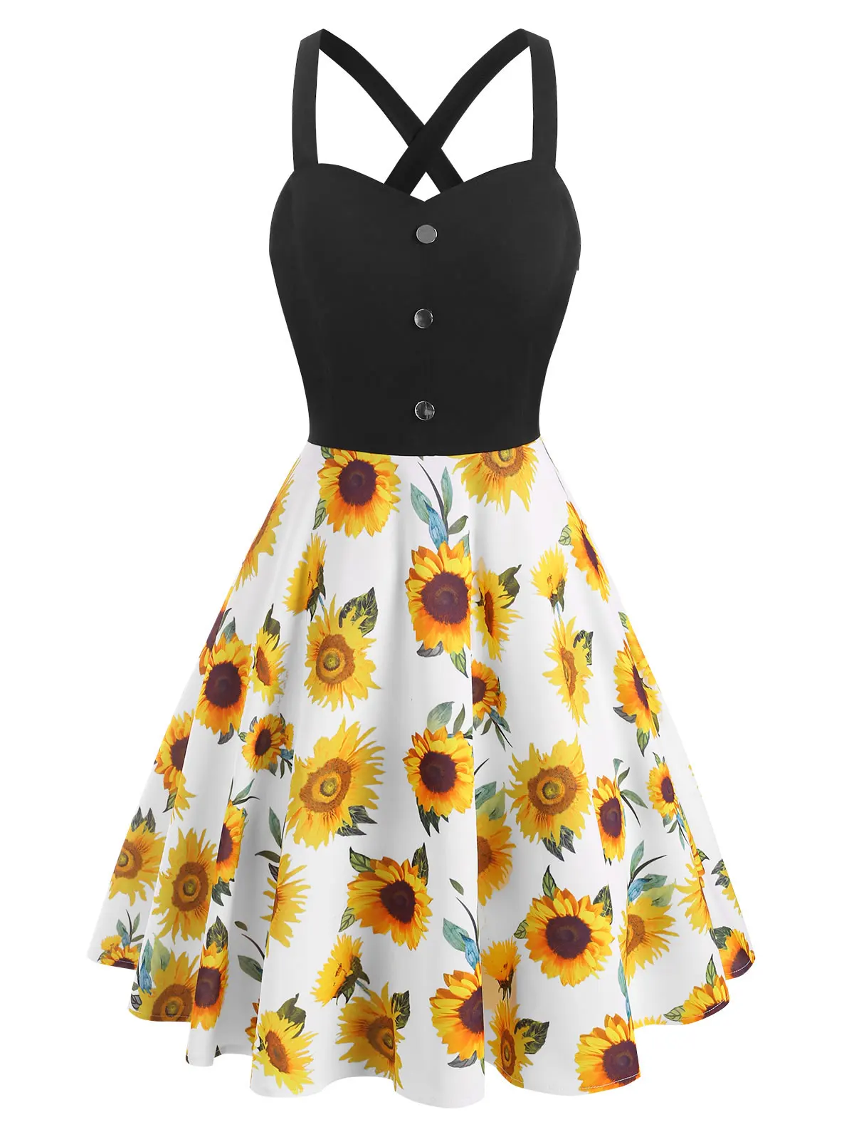 

Wipalo Casual Women Dress Sunflower Print Mock Button Criss Cross Dress Fashion Vacation Daily Sleeveless A-Line Party Dress