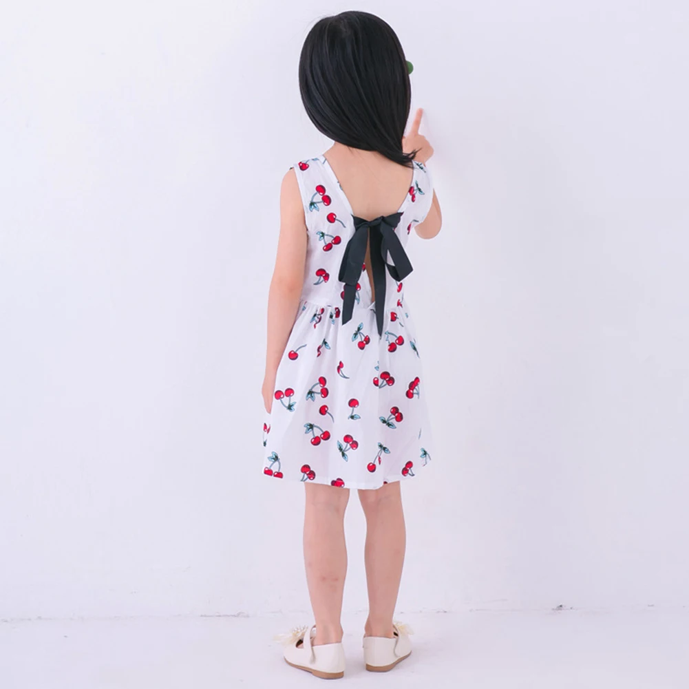 Fashion Summer Kid Girls Casual Dress Cotton Cherry Print Round Neck Sleeveless Back Bowknot Sun Vest One-Piece Costume Ne | Детская