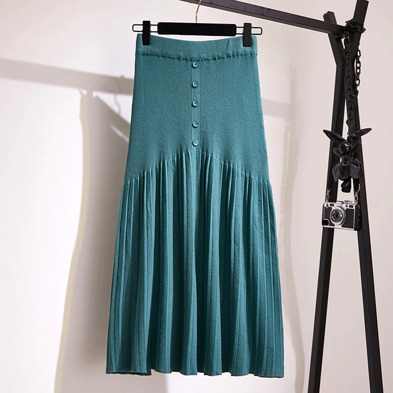 Зима 2019 Осень юбки женские вязаные шерстяные плиссированные длинные пуговицы