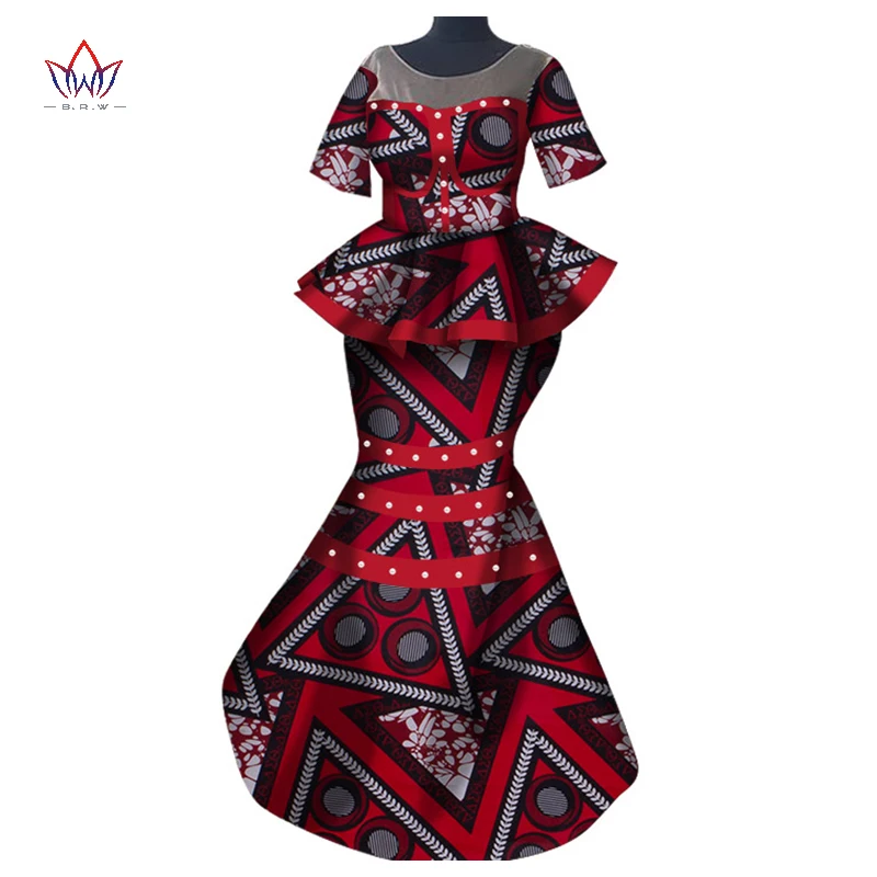 African Short Sleeves Print Tops and Skirt Sets for Women Bazin Riche African Clothing 2 Pcs Skirt Set Peals Customize WY6782