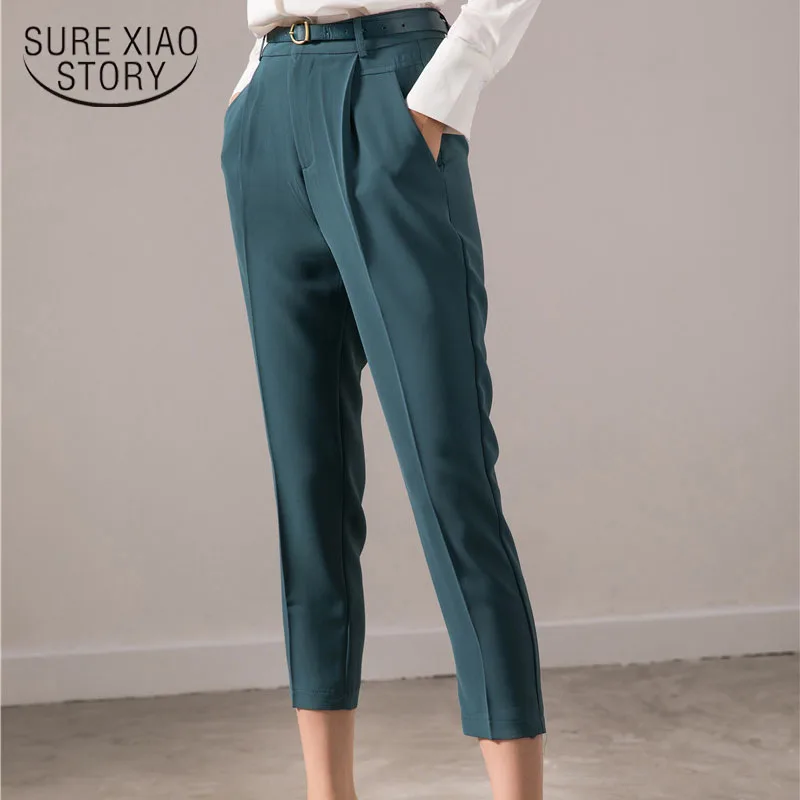 

Autumn New 2020 High Waist Pencil Pants Women Ankle-Length with Belt Pants Casual Solid Pocket Trousers Blue Ladies Pants 11719