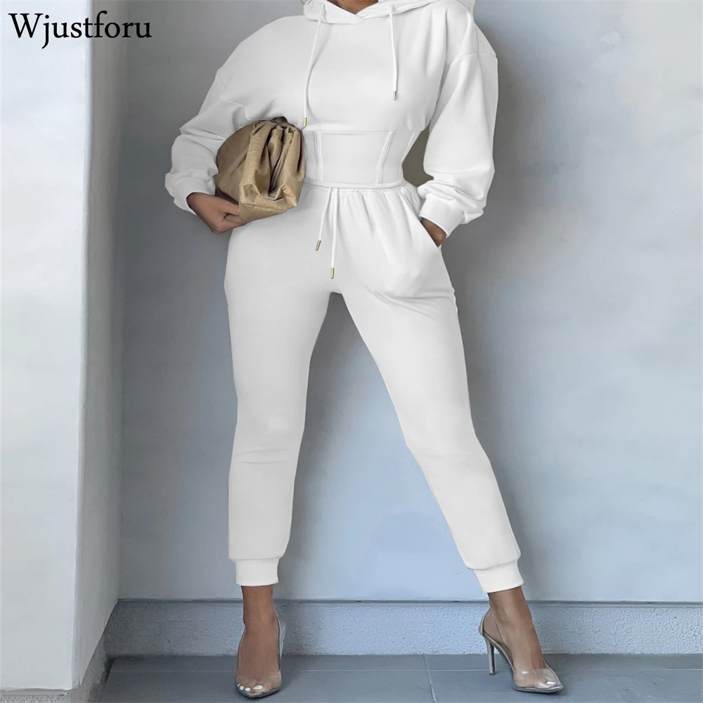

Wjustforu Sexy Solid Two Piece Set Women Long Sleeve Hoodies Sweatshirts Slim Drawstring High Waist Pants Autumn Casual Outfit