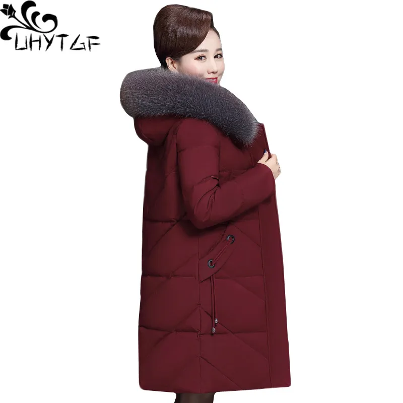 

UHYTGF Winter Jacket Womens Fashion Fur Collar Down Jacket Casual Warm Outerwear Hooded Cold-Proof 5XL Big Size Parker Coat 1252