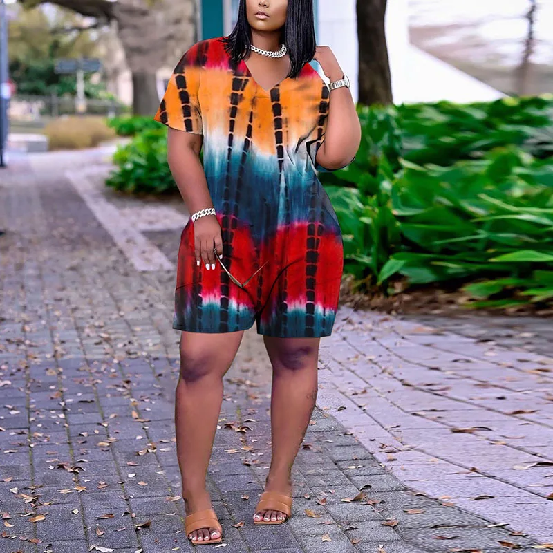 

Women Plus Size Oversize Tie Dye Printed Short Sleeve V-neck Romper