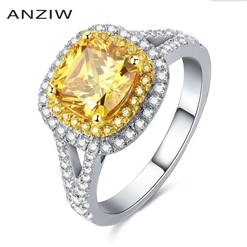 

ANZIW 2.5 Carat Cushion Cut Yellow Sona Bridal Halo Rings 925 Sterling Silver Princess Wedding Rings Lover Wedding Jewelry Gifts