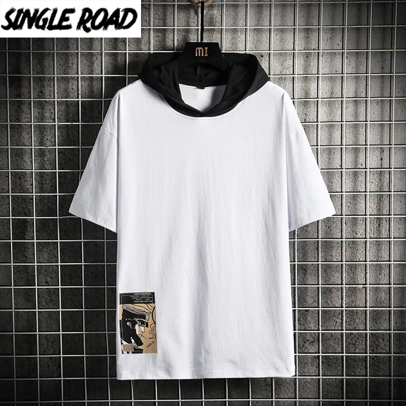 

Single Road Mens Hoodies 2021 Summer Patchwork Short Sleeves Hooded T Shirt Harajuku Japanese Streetwear Male White Hoodie Men