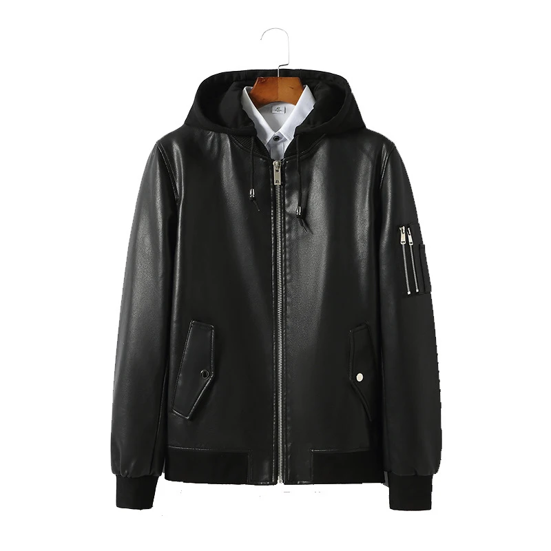 New 2021  fashion spring, autumn and winter men's casual hooded pu leather jacket black zipper men's jacket with hood