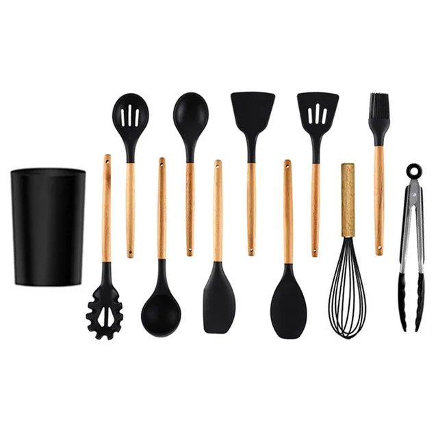 12pcs 5-13 шт силиконовые инструменты для приготовления пищи набор кухонной посуды с ящиком для хранения токарные щипцы шпатель с деревянной ручкой Антипригарная посуда - Цвет: 12pcs