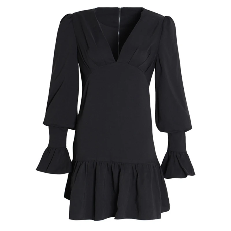 

Women Autumn Dress Ruffles V Neck Lantern Sleeve Mermaid Dress