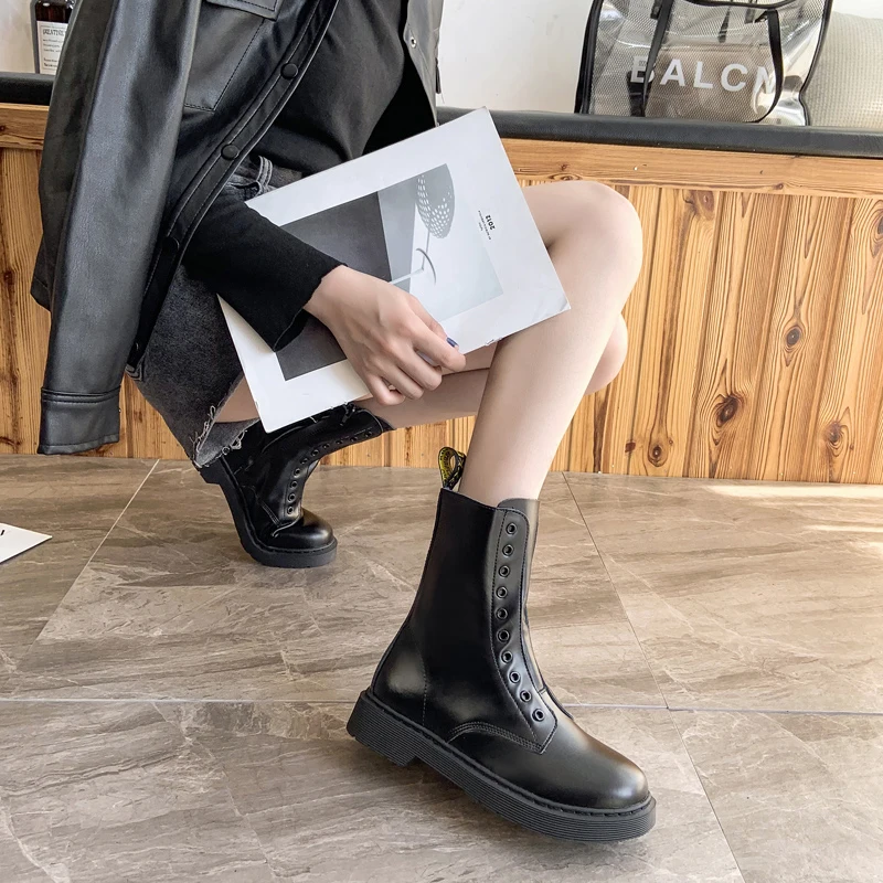 

Free Shipping 2019 Women Lady Fashion Sexy Black Leather round toe LONG BOOTS short tube Martin boots flat shoes Short boots