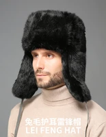 winter bomber hat for men rabbit fur russian hat ushanka thick warm cap with ear flaps