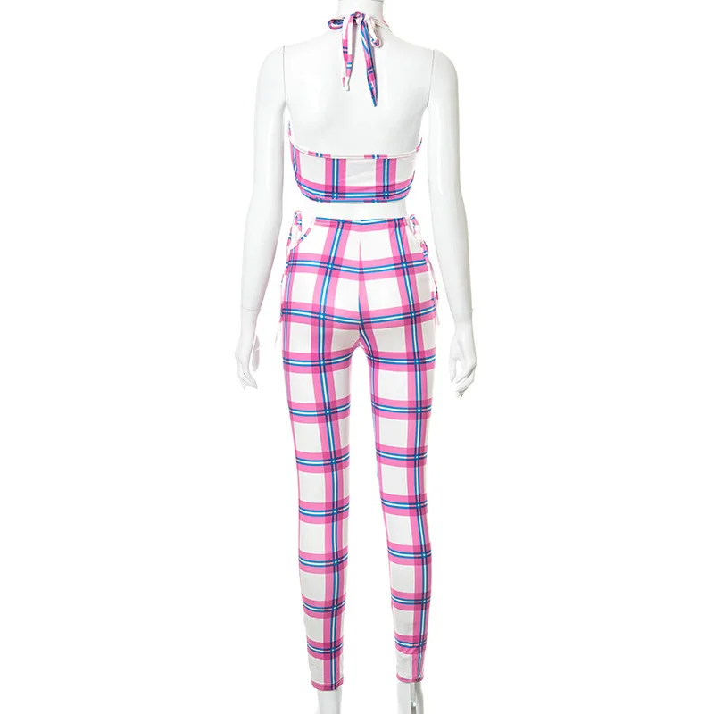 

FMZXG Casual Plaid Two Piece Set Sexy sleeveless Top+ Medium Waist Skinny Fashion Sexy Streetwear Body-Shaping Leggings Hot