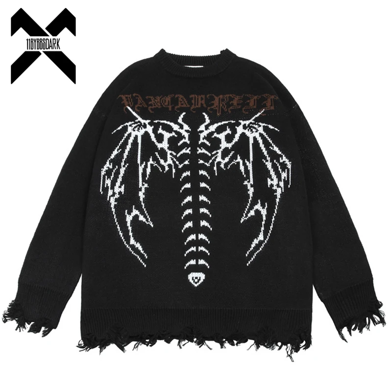 

Hip Hop Wing Skeleton Pattern Sweater Streetwear Men Women Ripped Destroyed Oversize Knitted Pullovers Holes Sweaters WB367