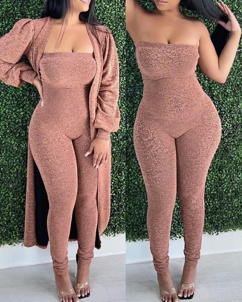 

Новинка 2021, Модный женский комбинезон, кардиган, облегающий обтягивающий Вязаный комбинезон на груди, брюки и однотонная куртка