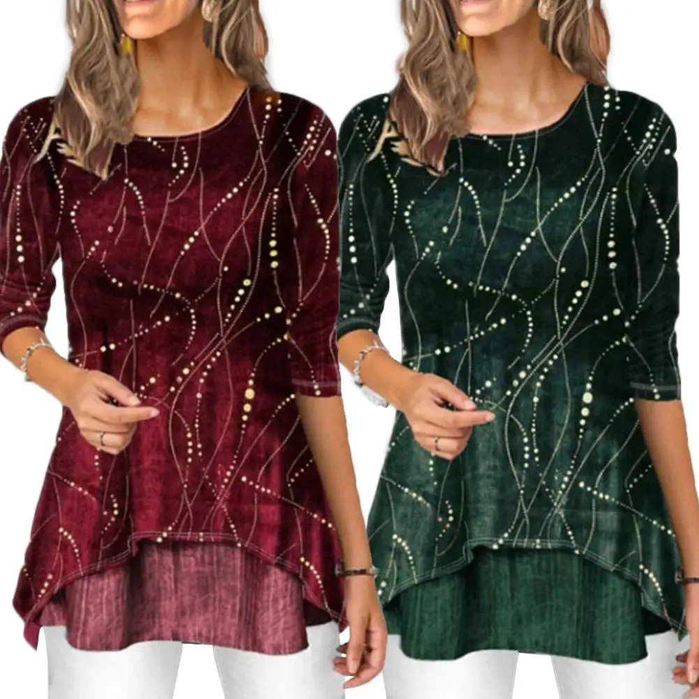 

2020 Spring summer Fashion Elegant Plus Size Fashion Women Digital Printed 3/4 Sleeve Round Neck Blouse Shirt Top