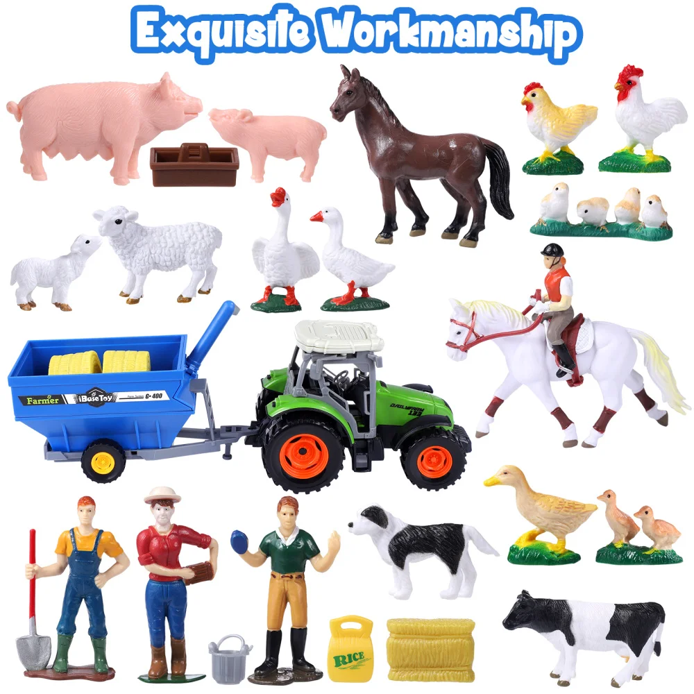 

iBaseToy Animal Farm Playset Farming Tools Model Farm Animal Figures House Livestock Barn Cow Shed Horse Stable Tractor