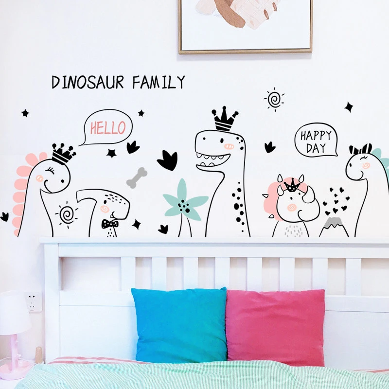 

Simple Happy Dinosaur Family Bedroom Bedside Decor Stickers Background Wall Sticker For Kids Room Home Decoration Self-adhesive