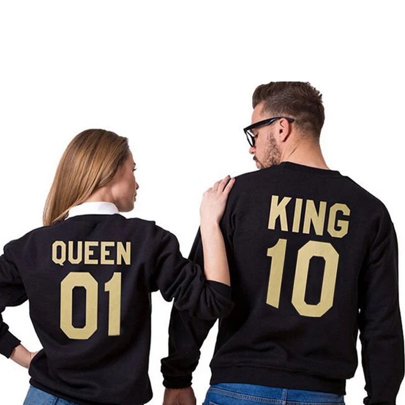 1 Pcs New Casual Hot Selling Popular Style Couple Golden English Letter King Queen Couple Sweatshirts Top For Lovers Polyester