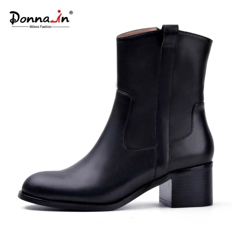 Donna-in/Новинка года; сезон осень-зима; модная обувь; сапоги ручной работы из натуральной кожи с боковой молнией; женские сапоги с круглым носком на квадратном каблуке